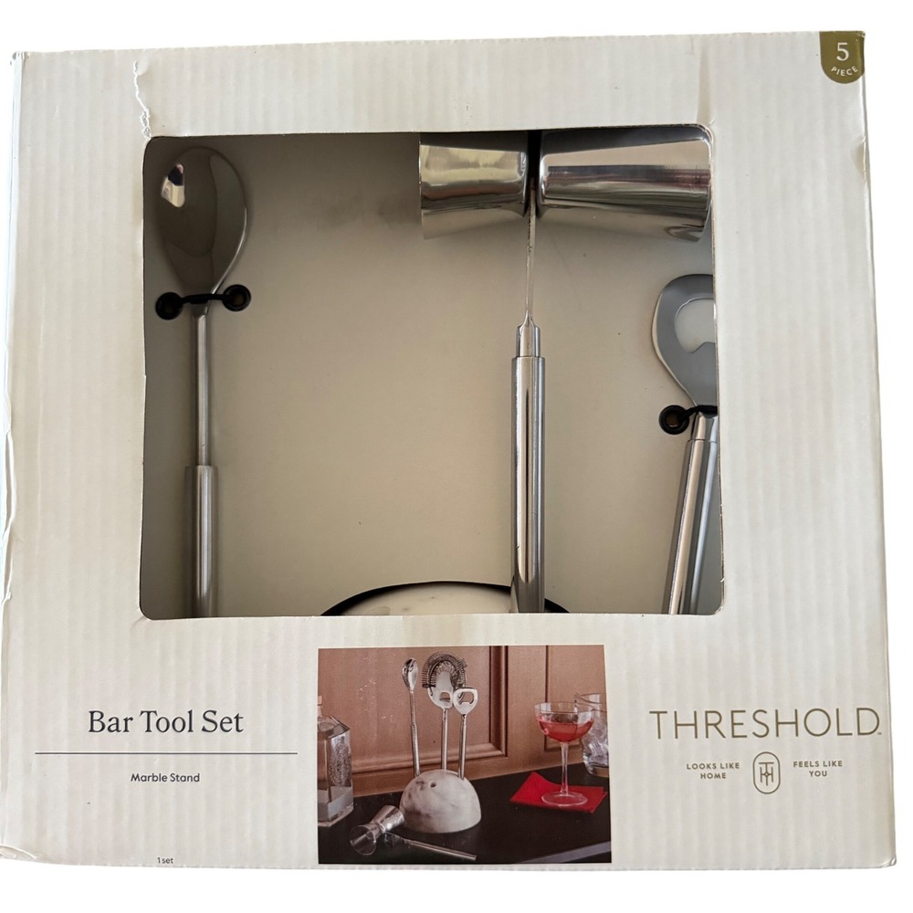 Threshold‎ 5 Piece Bar Tool Set with Marble Stand Stainless Steel Silver NEW